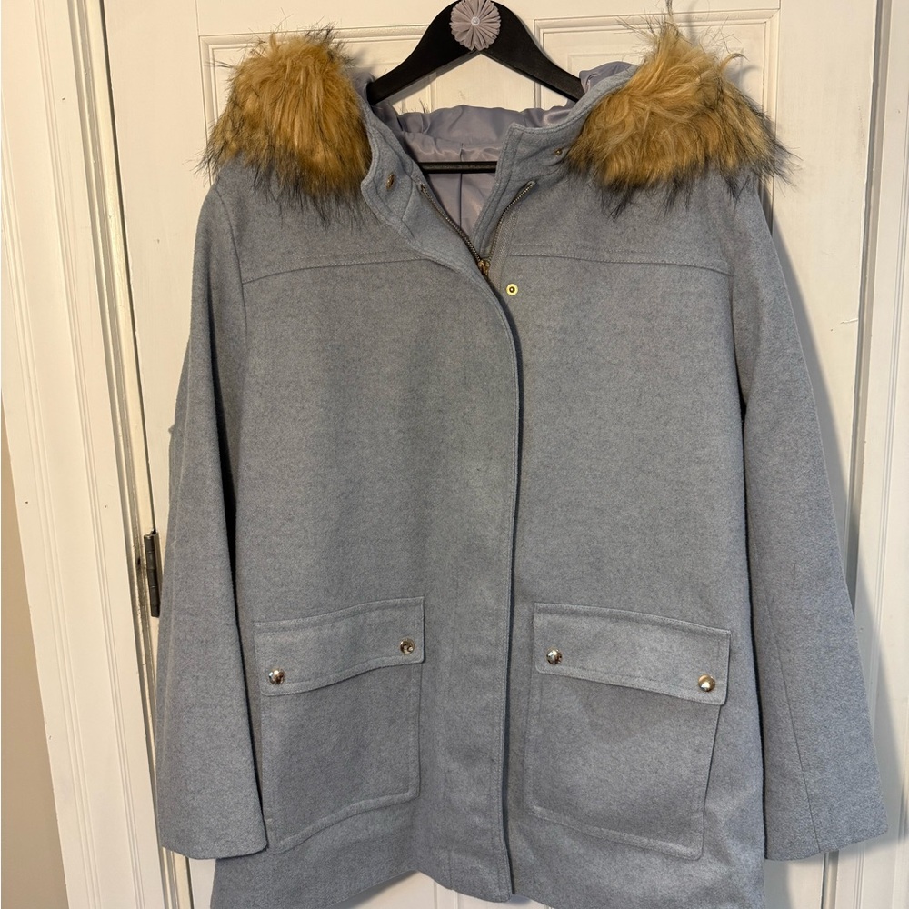 Stylish Blue Gray Coat with Faux Fur Trim